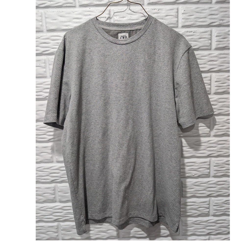 Zara Mens Textured Waffle Knit T-Shirt Grey Short Sleeve Crew Neck Size M Preppy